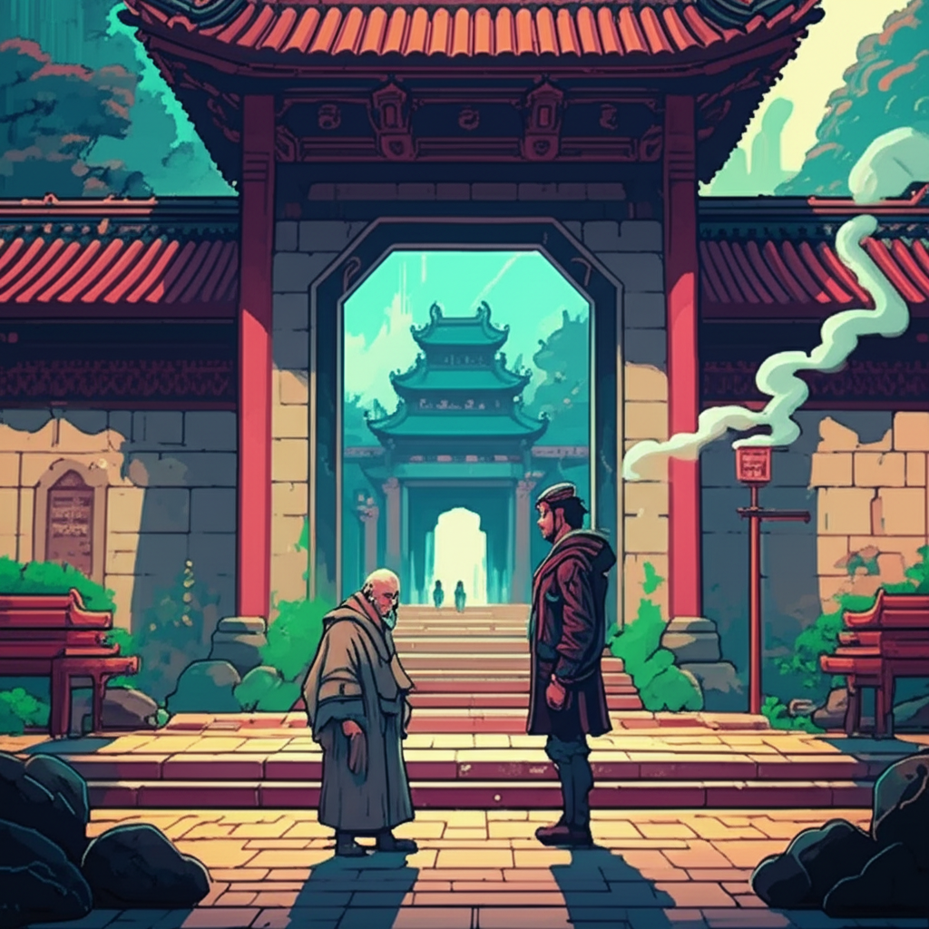 The Keeper waiting at the monastery gate—an old man with eyes that see too much