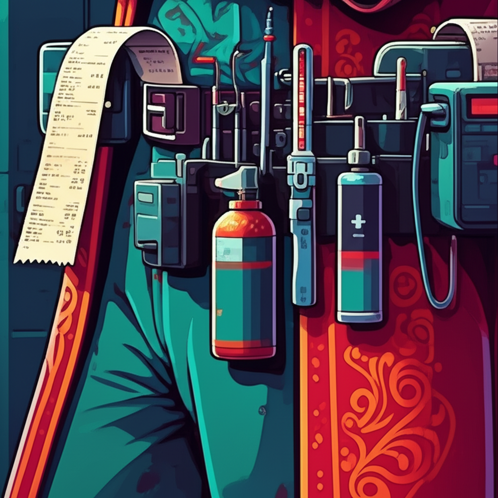 Dr. Tzu Yu's belt loadout - thermal printer spitting receipt paper, hemostatic spray, surgical instruments