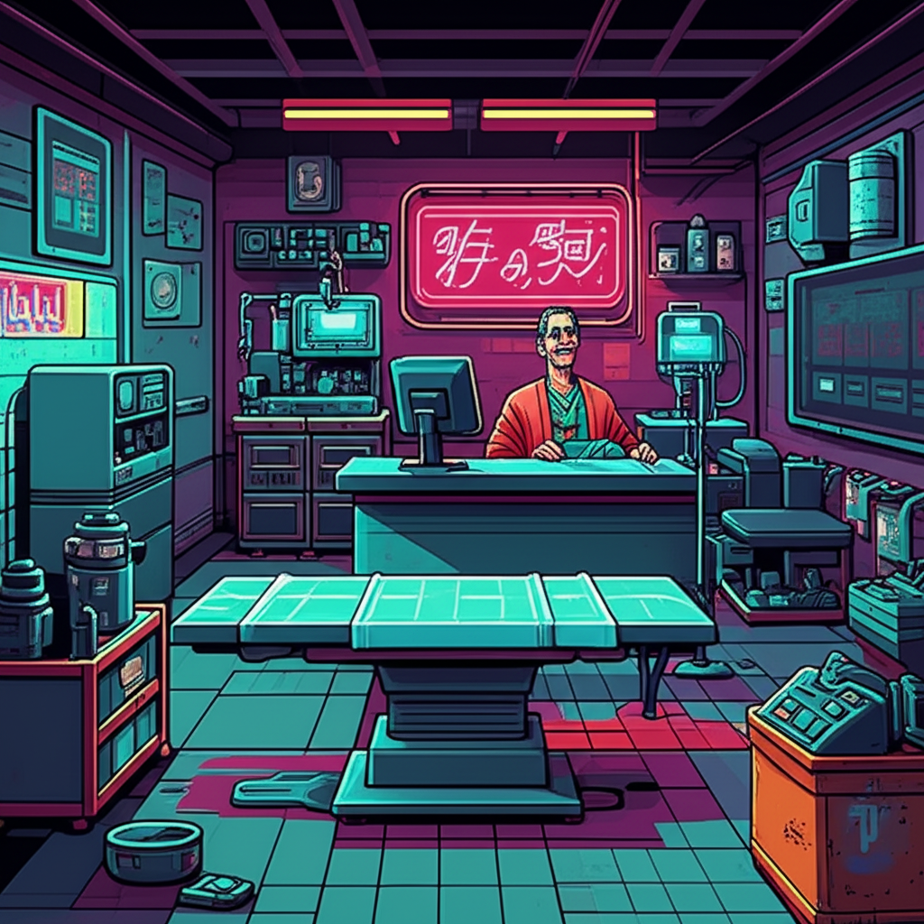 Interior of Dr. Tzu Yu's clinic - cramped space, mismatched medical equipment, old noodle shop sign visible