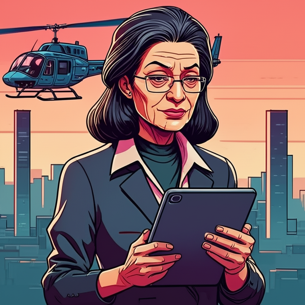 Mrs. Yu - composed woman with tablet, patient but pointed expression, practical business attire