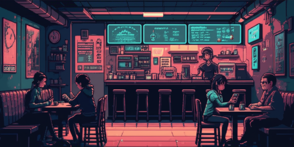 GG sits alone at a corner table in a crowded coffee shop, empty tables around her despite the crowd