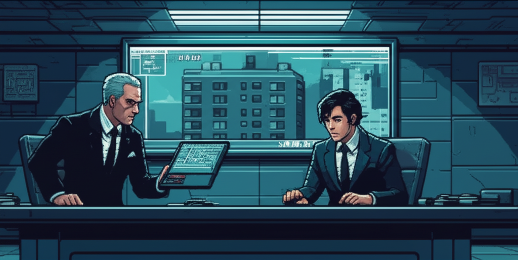 Corporate executives in a sleek Nexus office, security footage of Viktor's building on the wall display