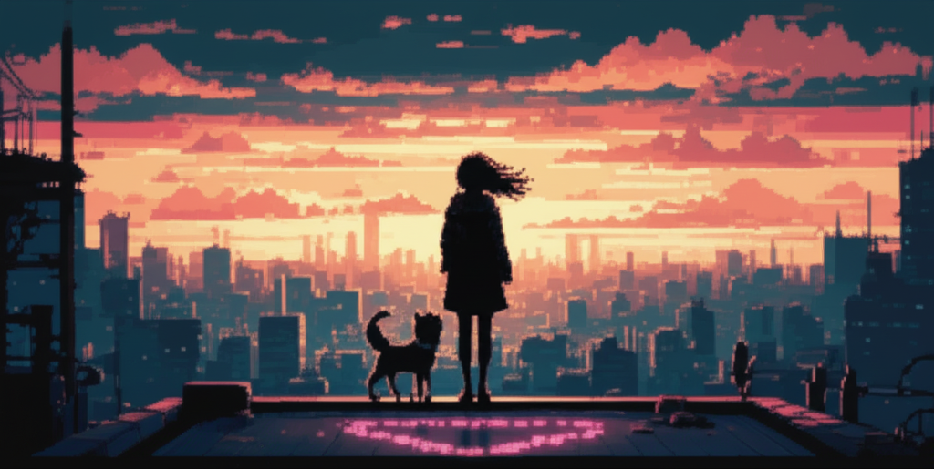 Dawn over the Sprawl from a rooftop—GG stands at the edge, a heart pattern glows at her feet forming Chompy's shape