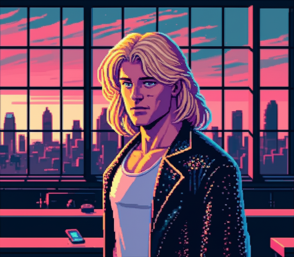 Rima at the window, dawn light on his face, jacket discarded, tank top catching gold rays, phone unanswered behind him