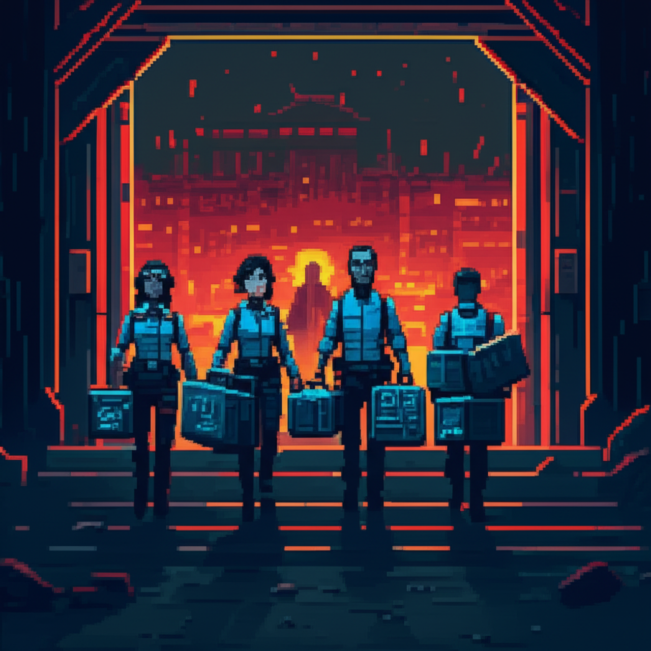 Dr. Lin and Nexus refugees climbing The Mountain with upload equipment, monastery gates visible ahead