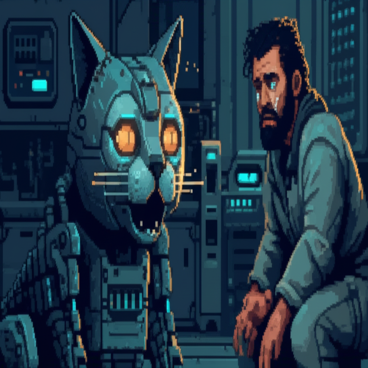 Robot cat eyes flickering to life, Brother Marcus weeping - first tears in 40 years