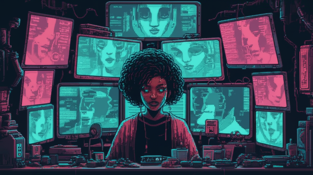 Mira Okonkwo surrounded by seventeen screens, face illuminated by cascading ORACLE fragments