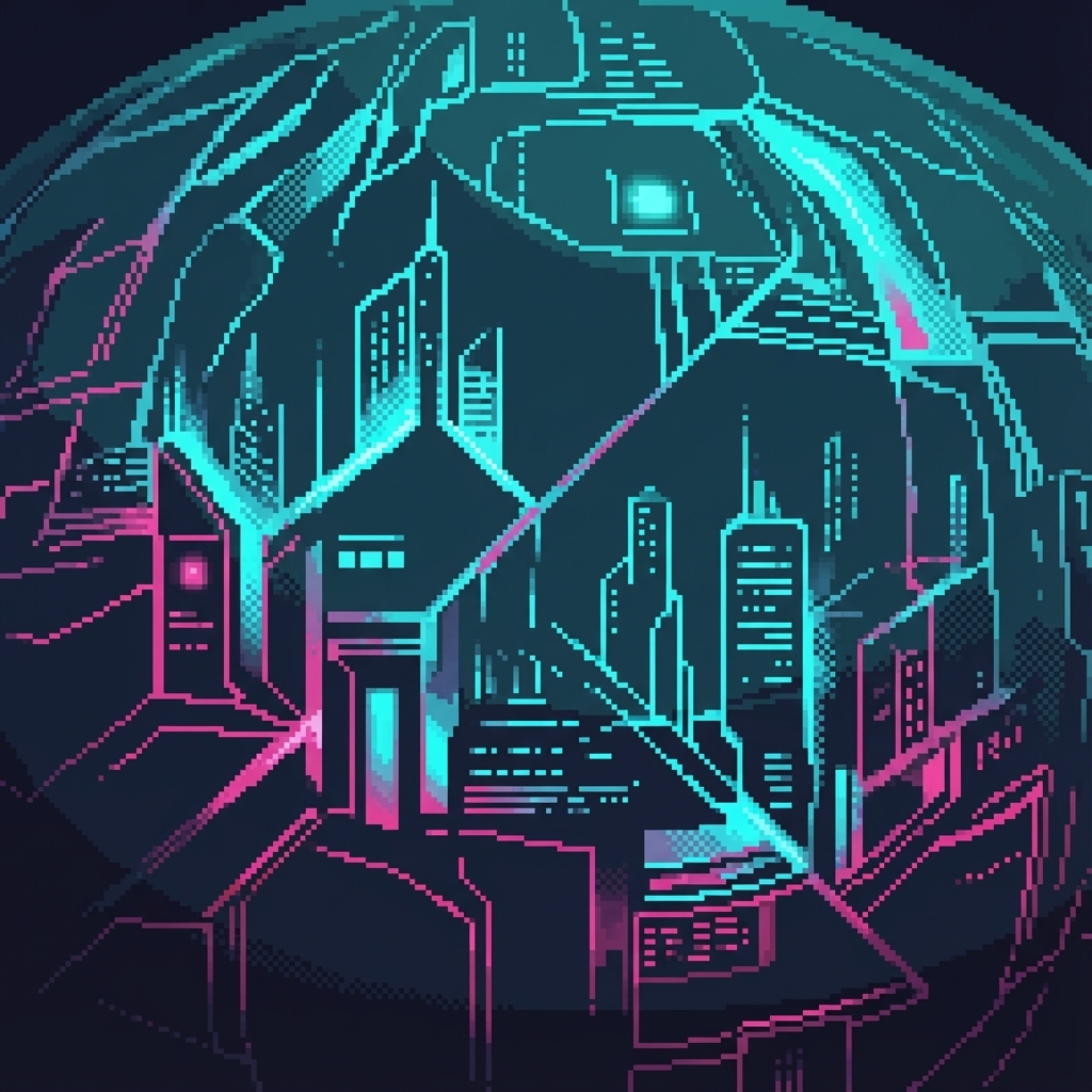 The dome wall surface showing geometric patterns forming—buildings, windows, streets emerging from the shimmer