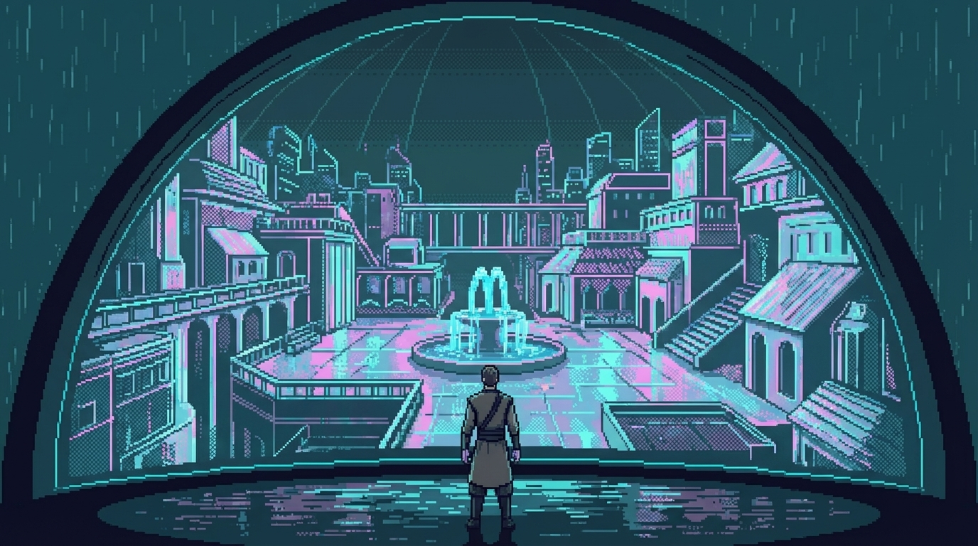 The dome wall displaying a full cityscape in iridescent relief—an unfamiliar city rendered in cyan and magenta light