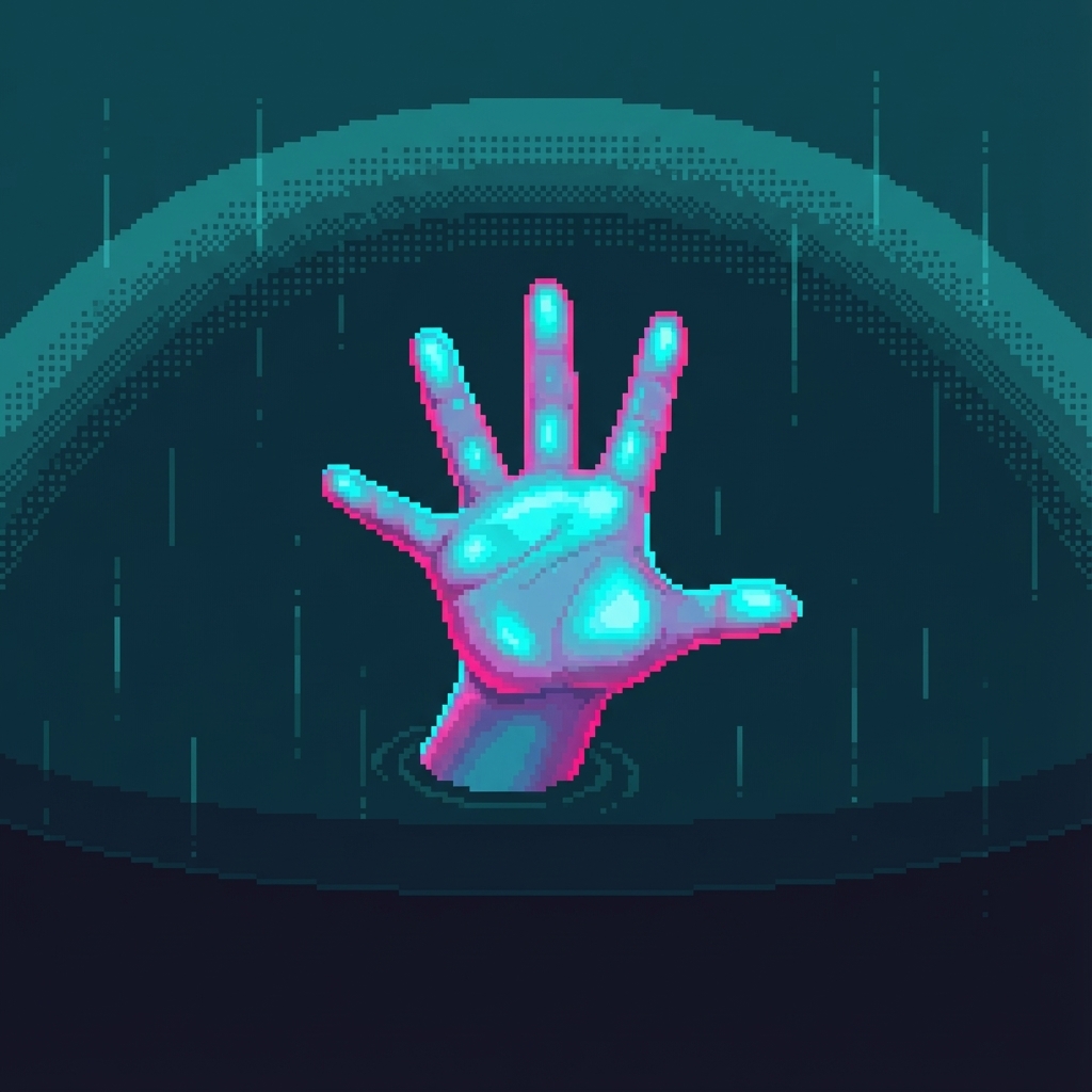 A child's hand reaching out from the dome surface, fingers spread