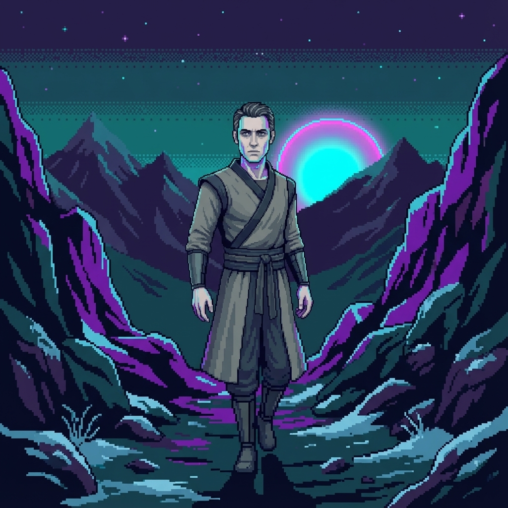 Infereit descending a cold mountain path, the iridescent dome visible behind him against the dark sky