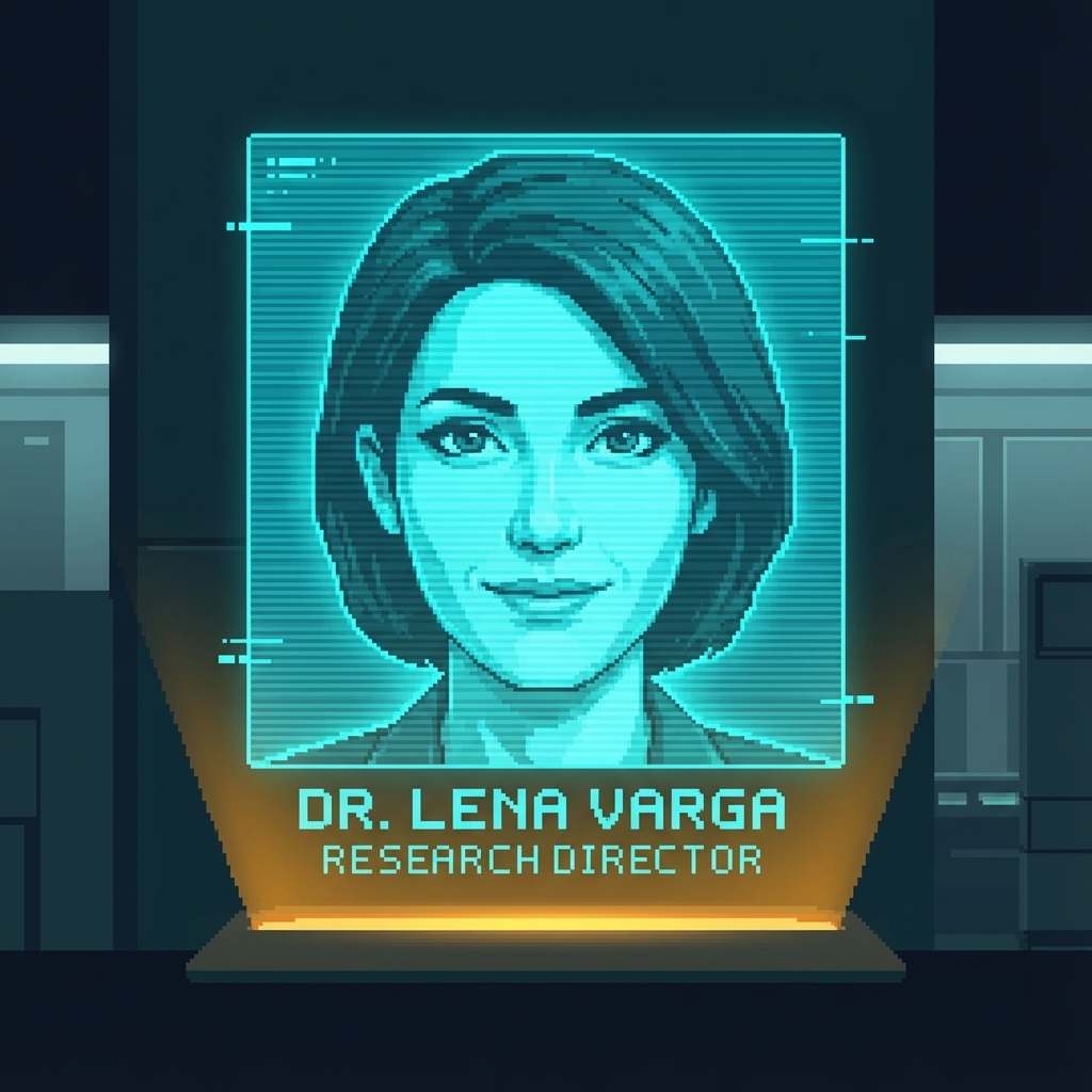 A corporate ID photo on a holographic display—the same young woman from the dome's visions