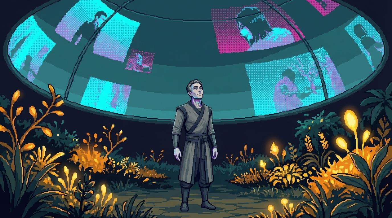 Infereit standing in his garden among bioluminescent plants, looking up at the dome with acceptance