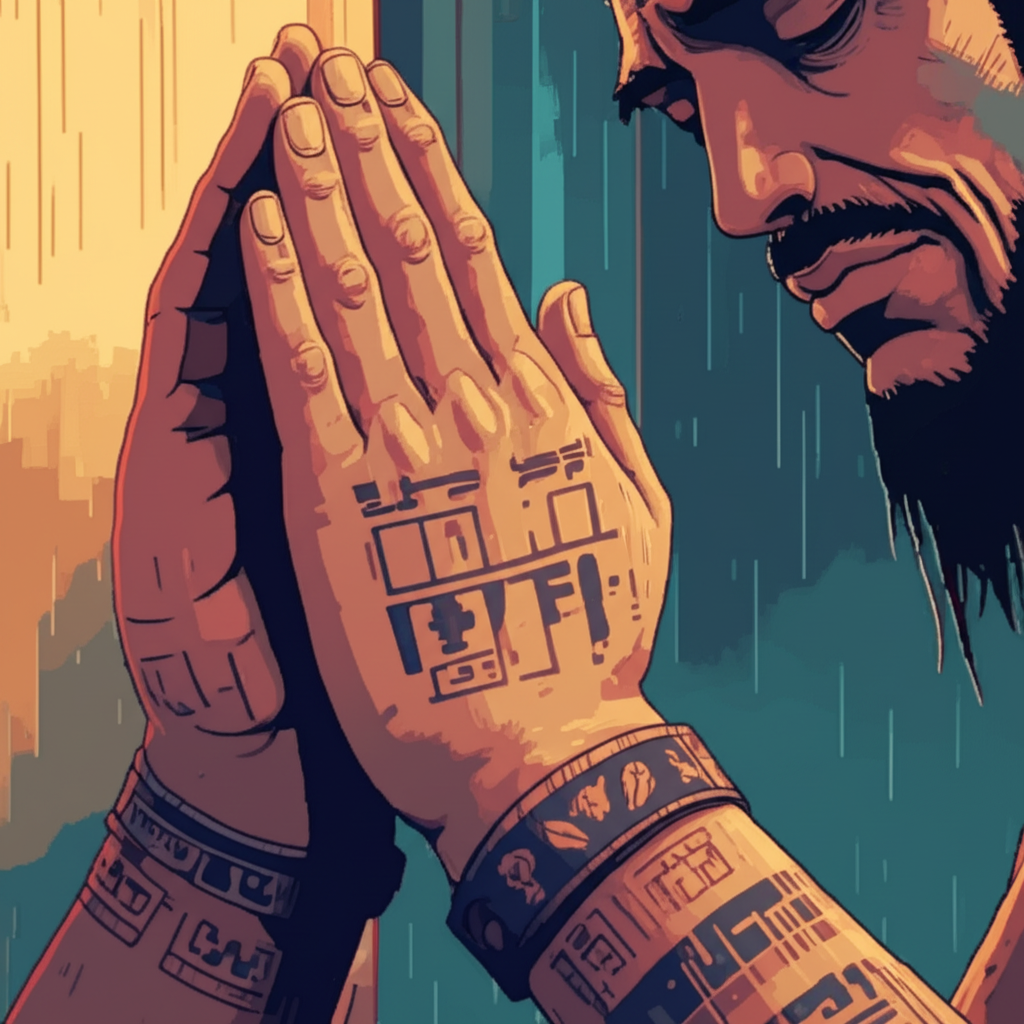 Close-up of weathered hands pressing against a younger man's chest - prayer in motion