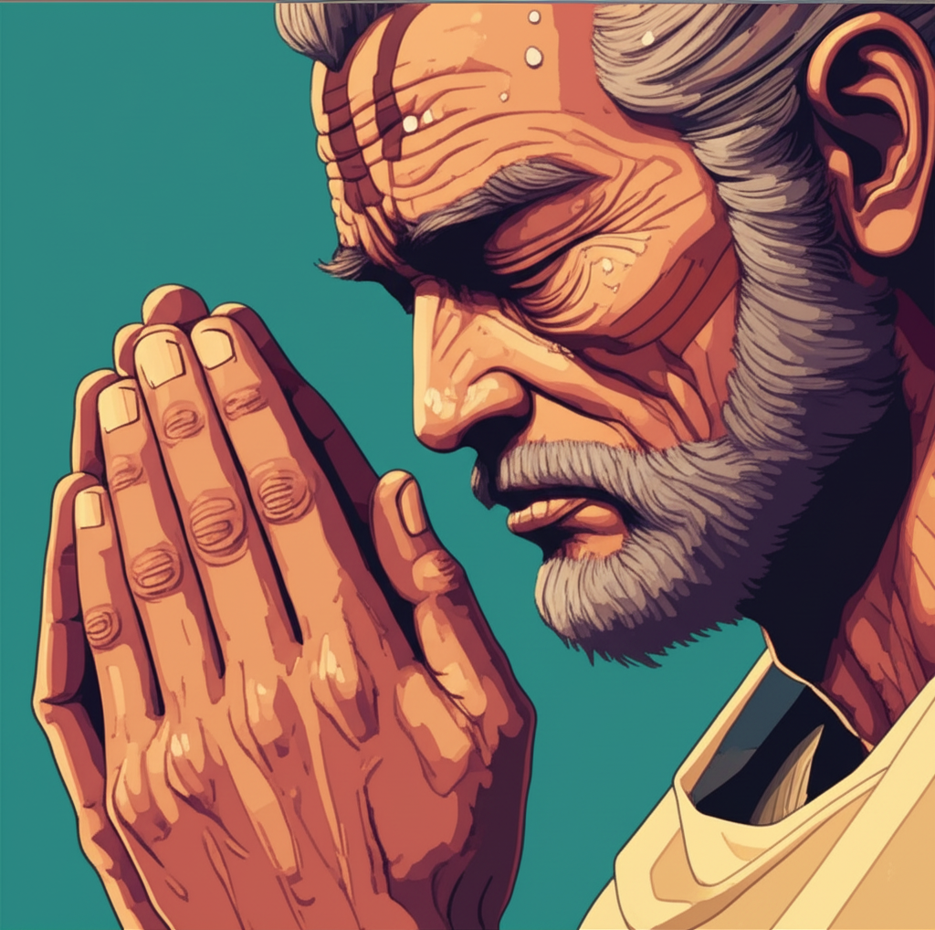 The elder's face, eyes closed, lips moving in prayer - hope in the lines around his mouth, sweat on his forehead