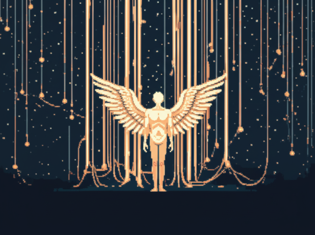 Angel standing in infinite space, now filled with threads of light connecting to other points - people he'd helped, lives that continued
