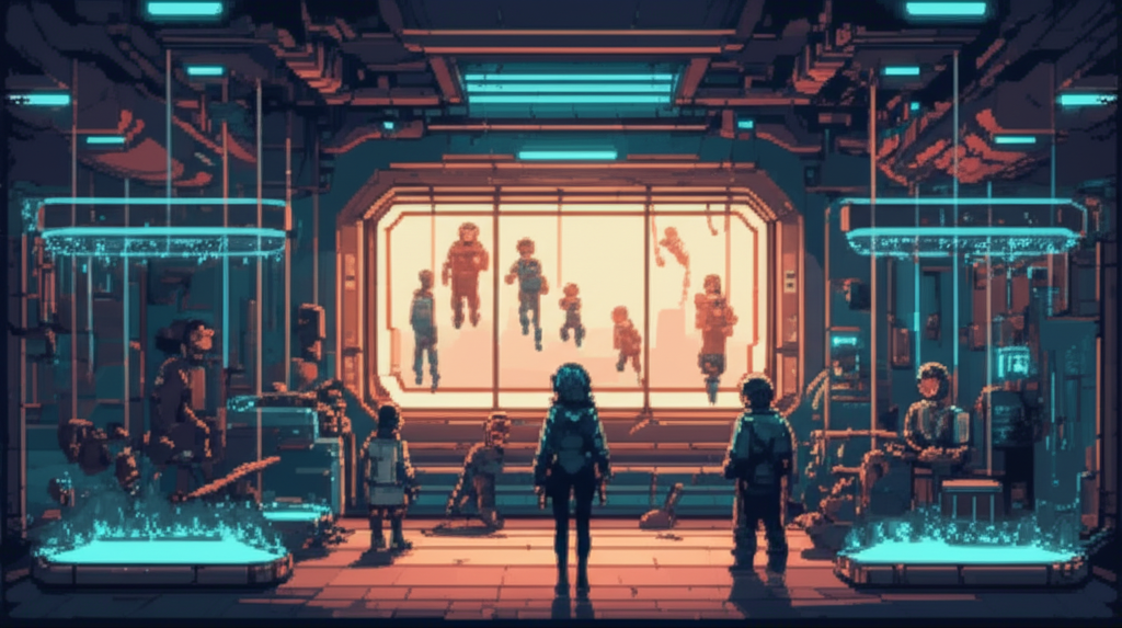 The Sanctuary training space years later - Angel watching students train in various gravity zones, GG visible among them, drums playing