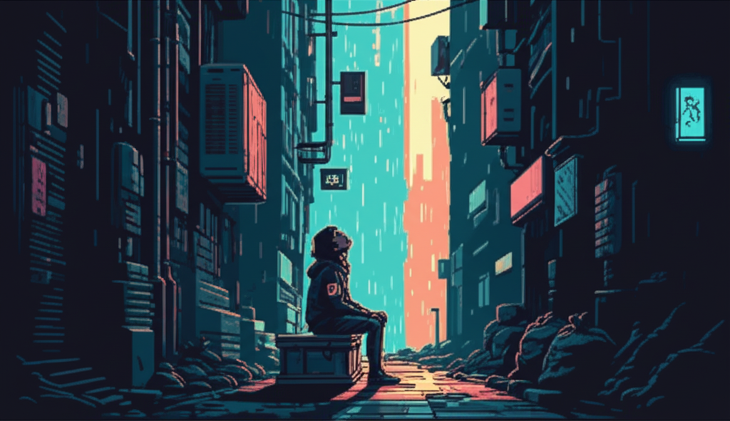 Sunrise Lane in the Dregs - Angel sitting on a crate, face upturned to the light, eyes closed, pendant catching the light