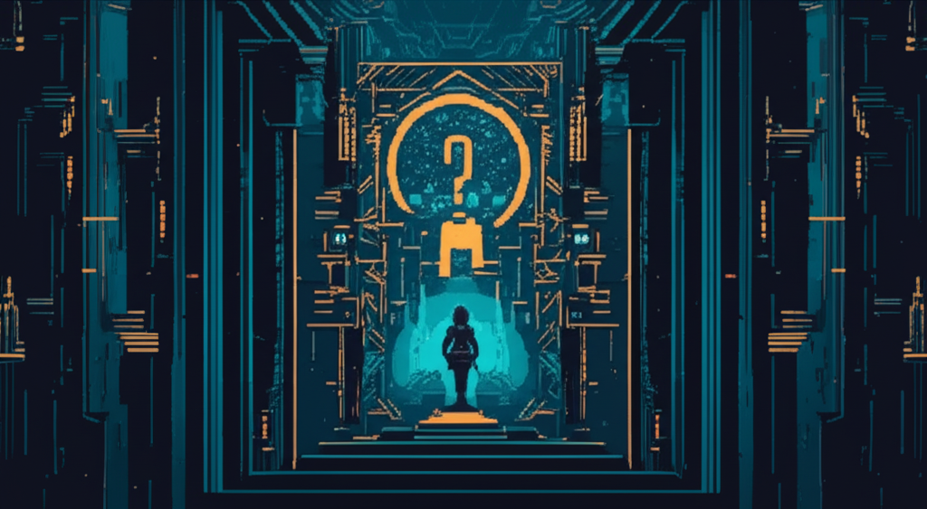 Abstract visualization - geometric patterns suggesting judgment without a judge, Angel's consciousness as a small point of light