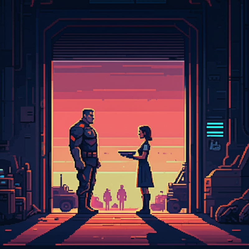 Colonel Abbas at the warehouse door, dawn light behind him