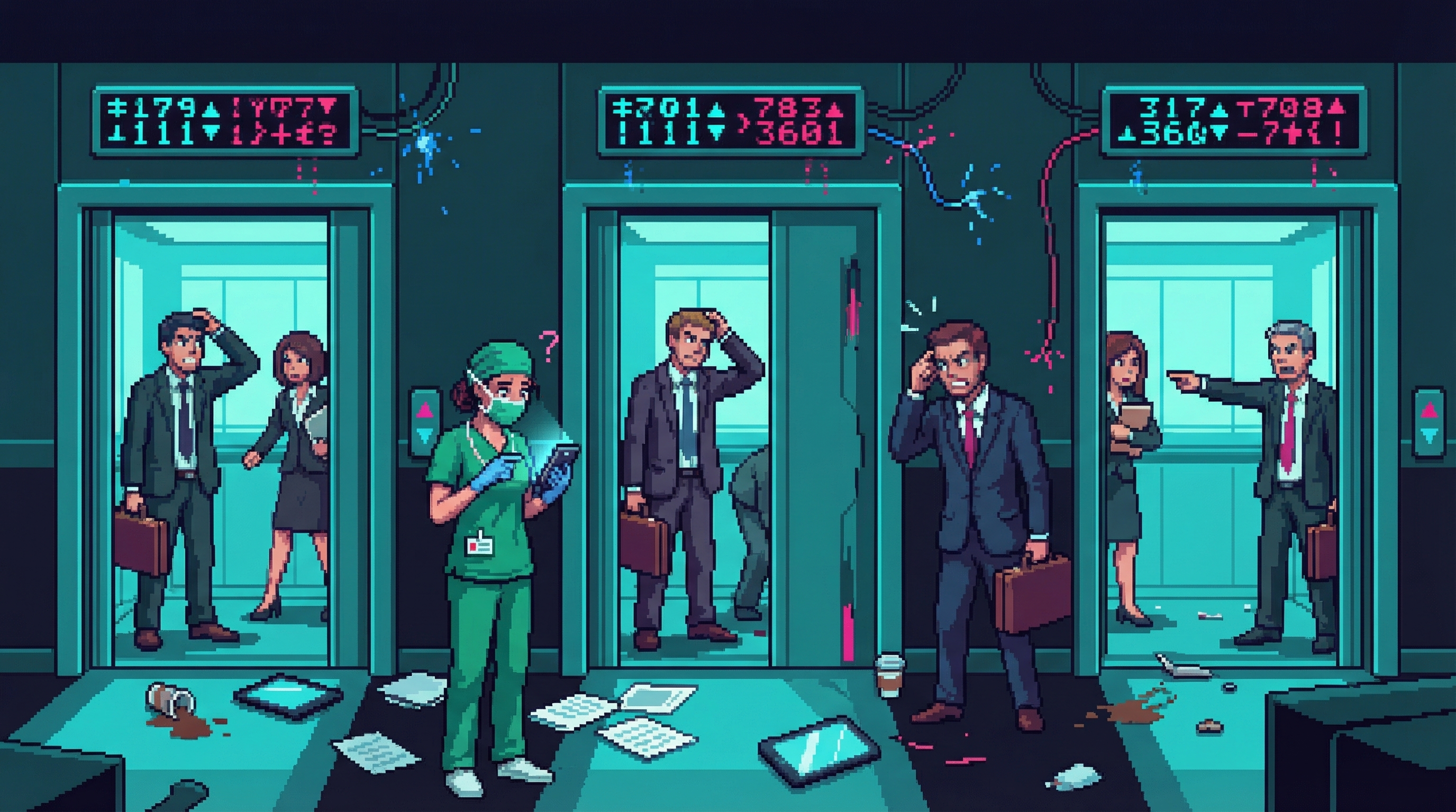 Elevator chaos—businesspeople packed into wrong floors, a surgeon with scrubs looking at her phone in confusion, digital displays showing scrambled floor numbers.