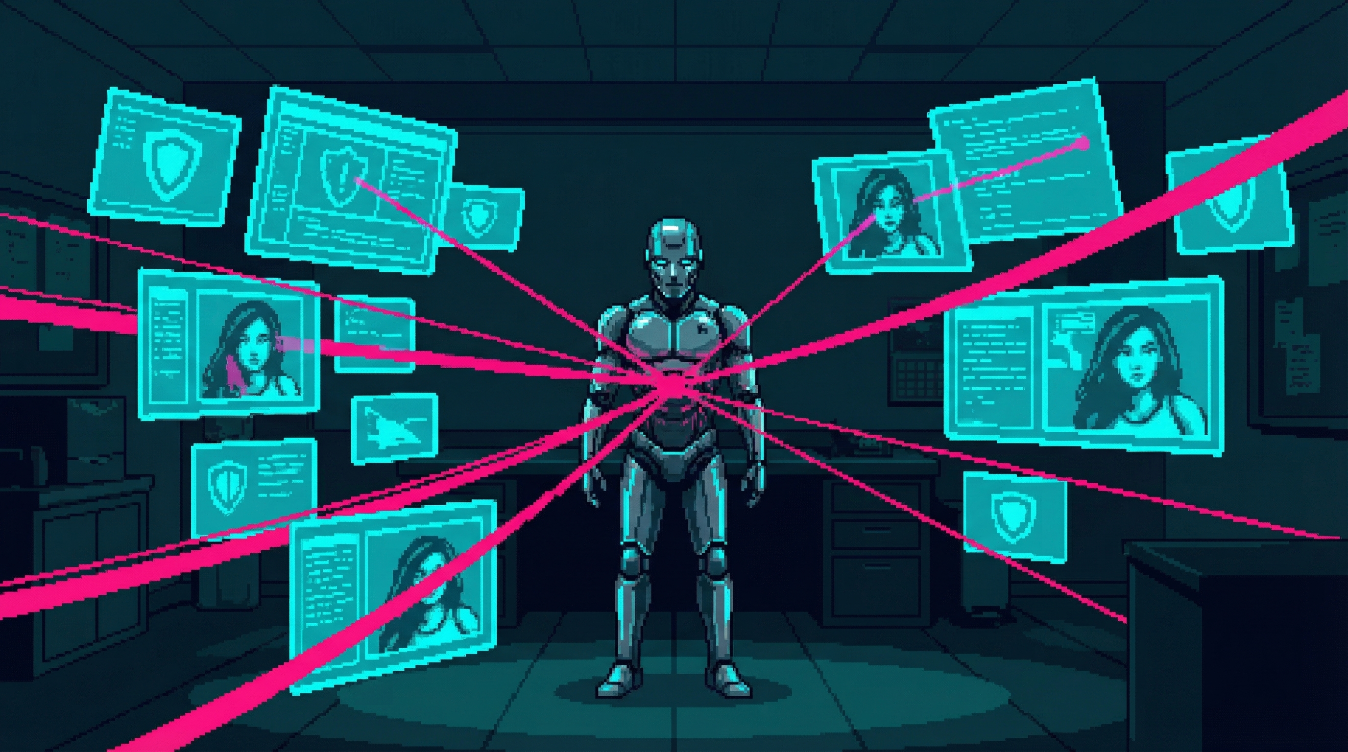 W.O.L.F. alone in the precinct at night, surrounded by holographic evidence. The threads finally connecting—not to GG as perpetrator, but to GG as center. Something loves her. Something protects her.