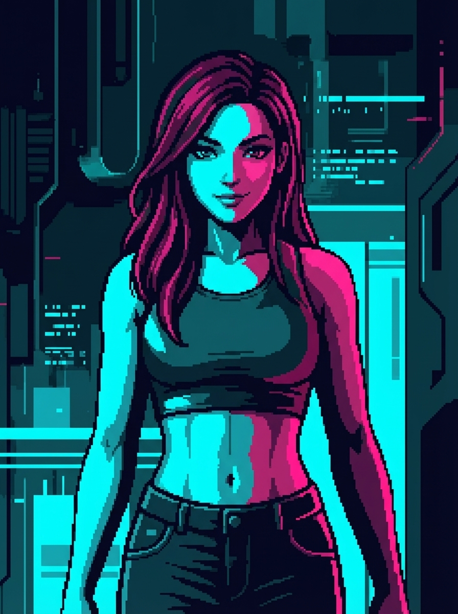 GG in shadow, half her face illuminated by the blue glow of a screen. Expression guarded but curious. Pink streaks in dark hair catching the light.