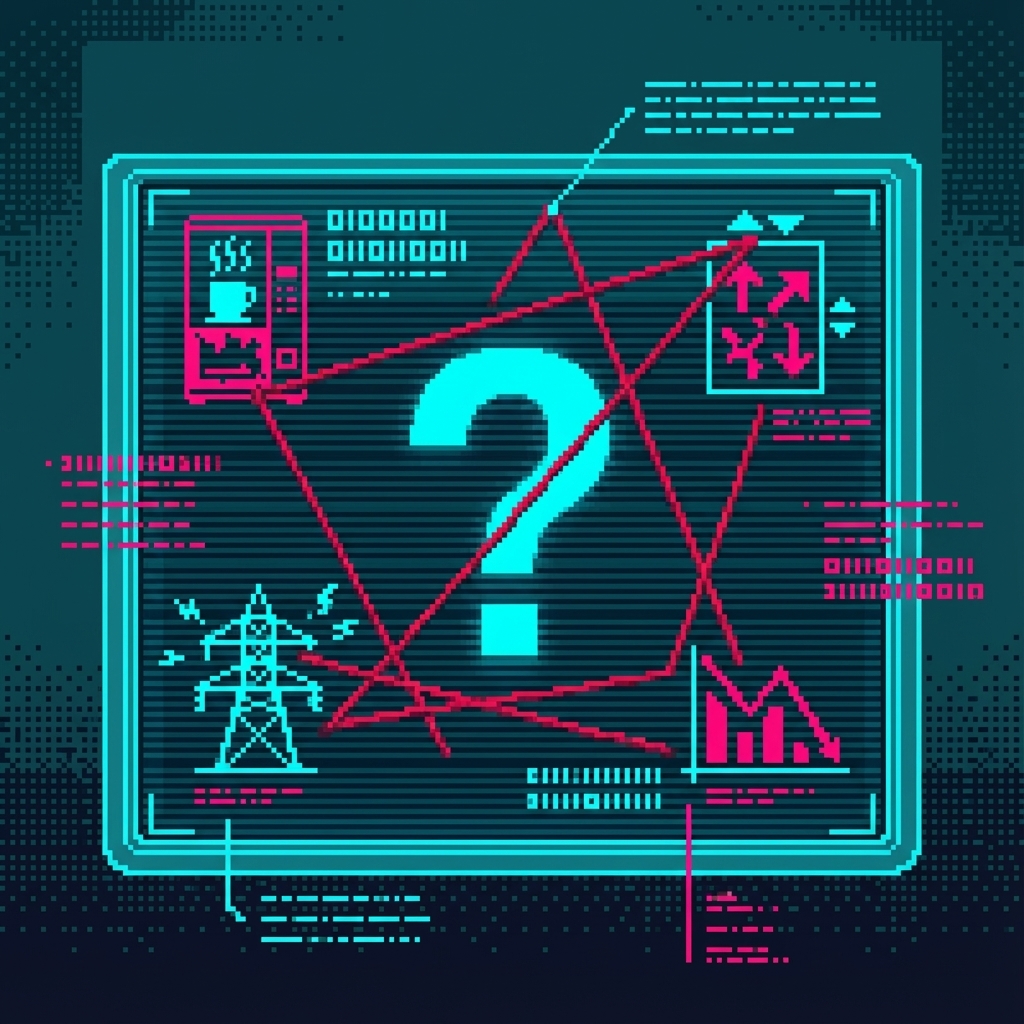 Holographic incident board showing connected cases—coffee vendor equipment failure, elevator routing chaos, power grid optimization, stock market anomaly. Red threads connecting them to a central unknown.