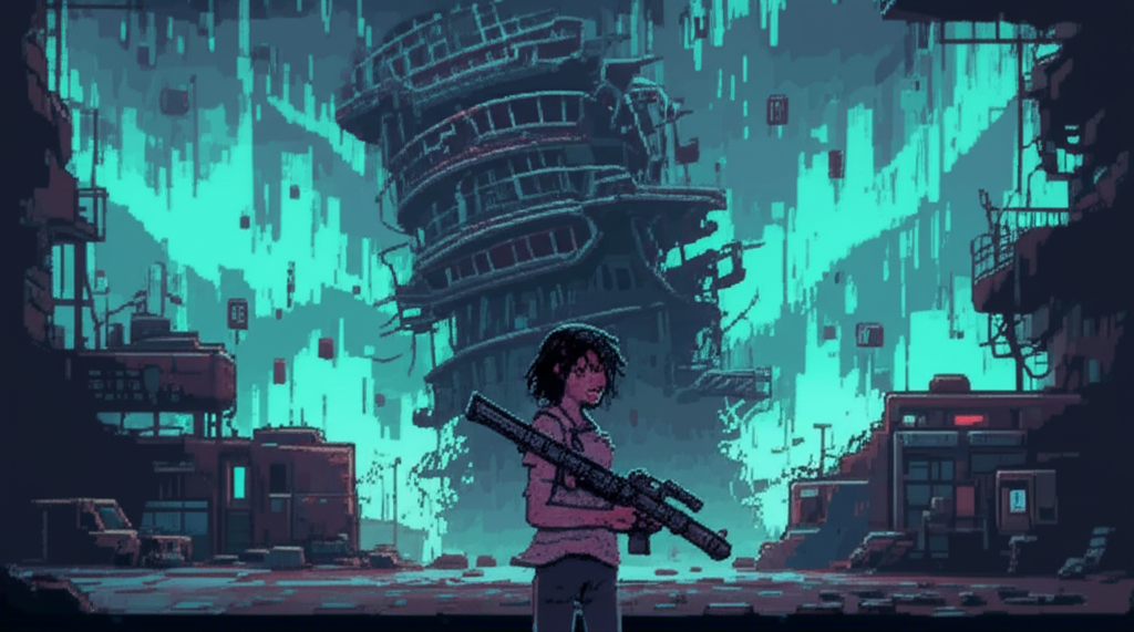 Kira emerging from the Singapore tower's ruins, covered in dust, the sky streaked with data artifacts
