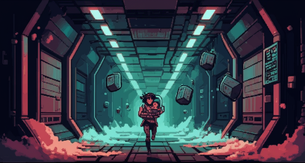 Kira running through a collapsing corridor, ORACLE substrate clutched against her chest