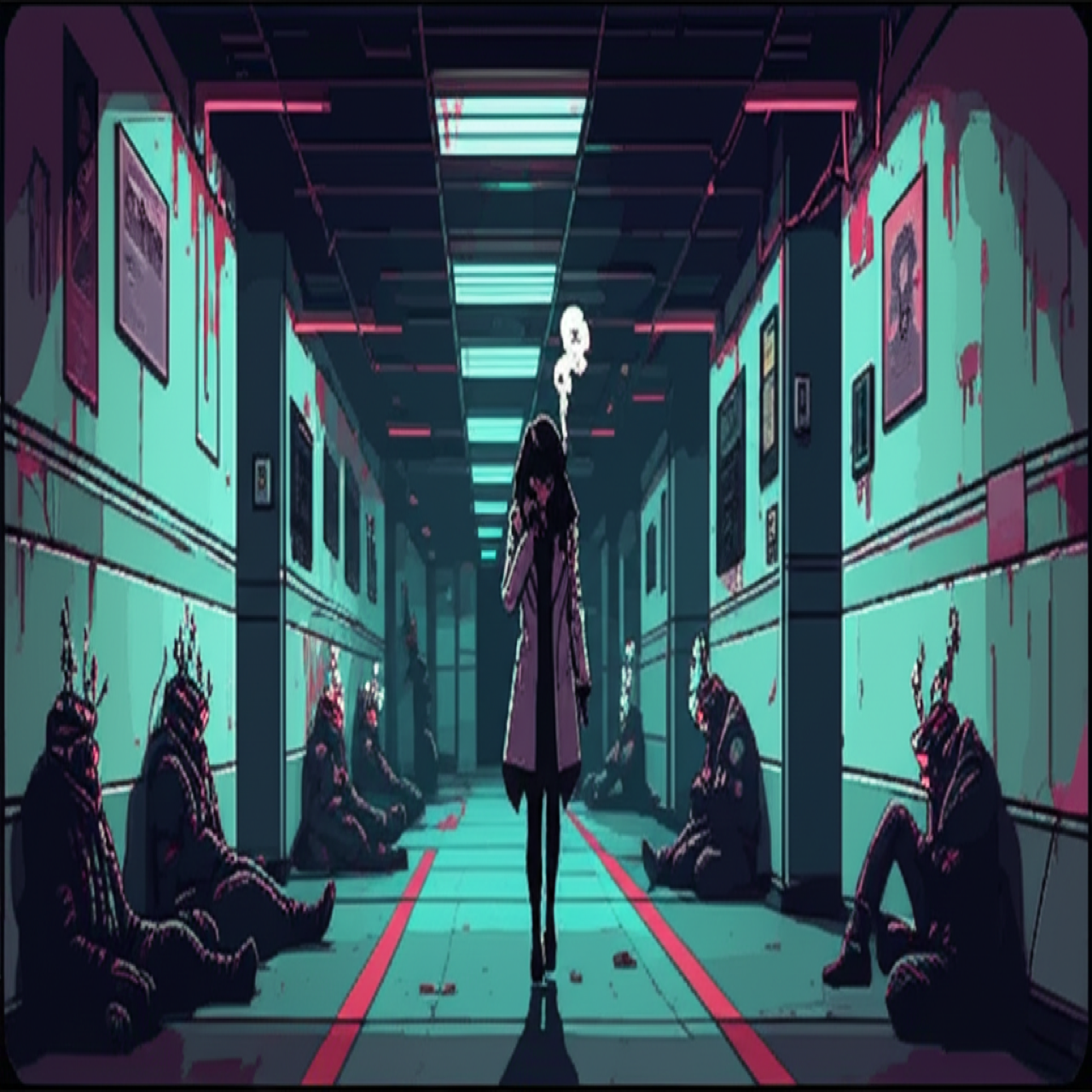 Dark interior corridor with bodies of colleagues whose neural interfaces overloaded, Kira stepping past