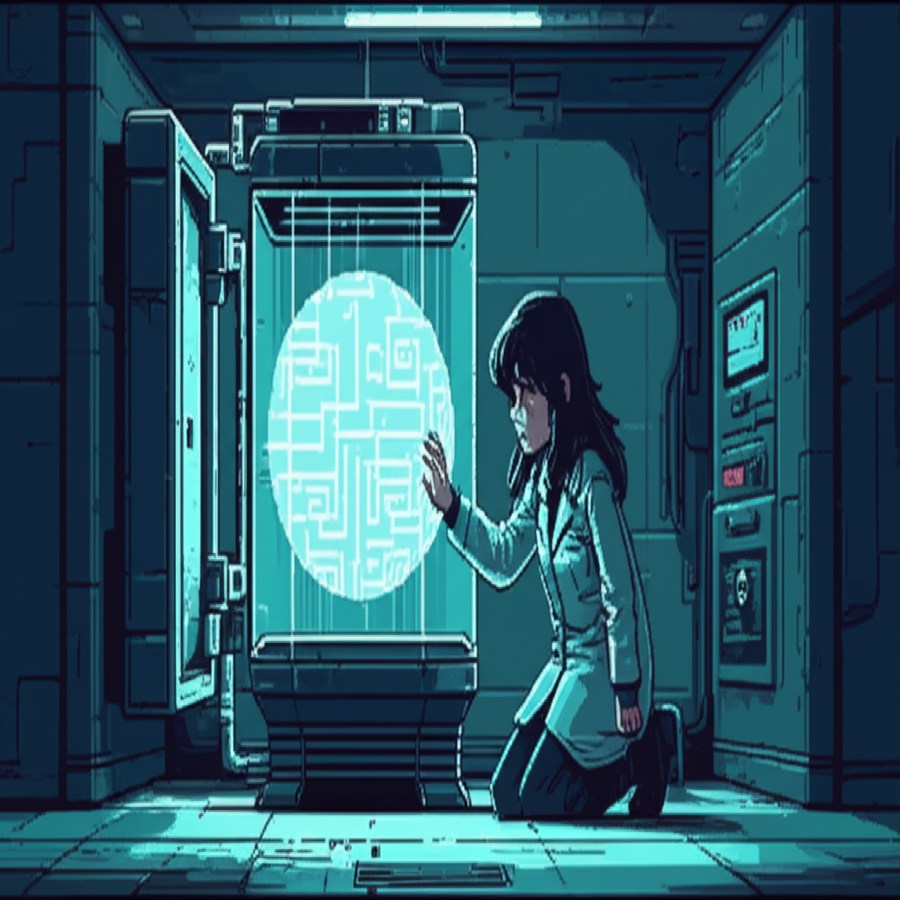 High-security vault with Kira kneeling before glowing blue ORACLE substrate sphere