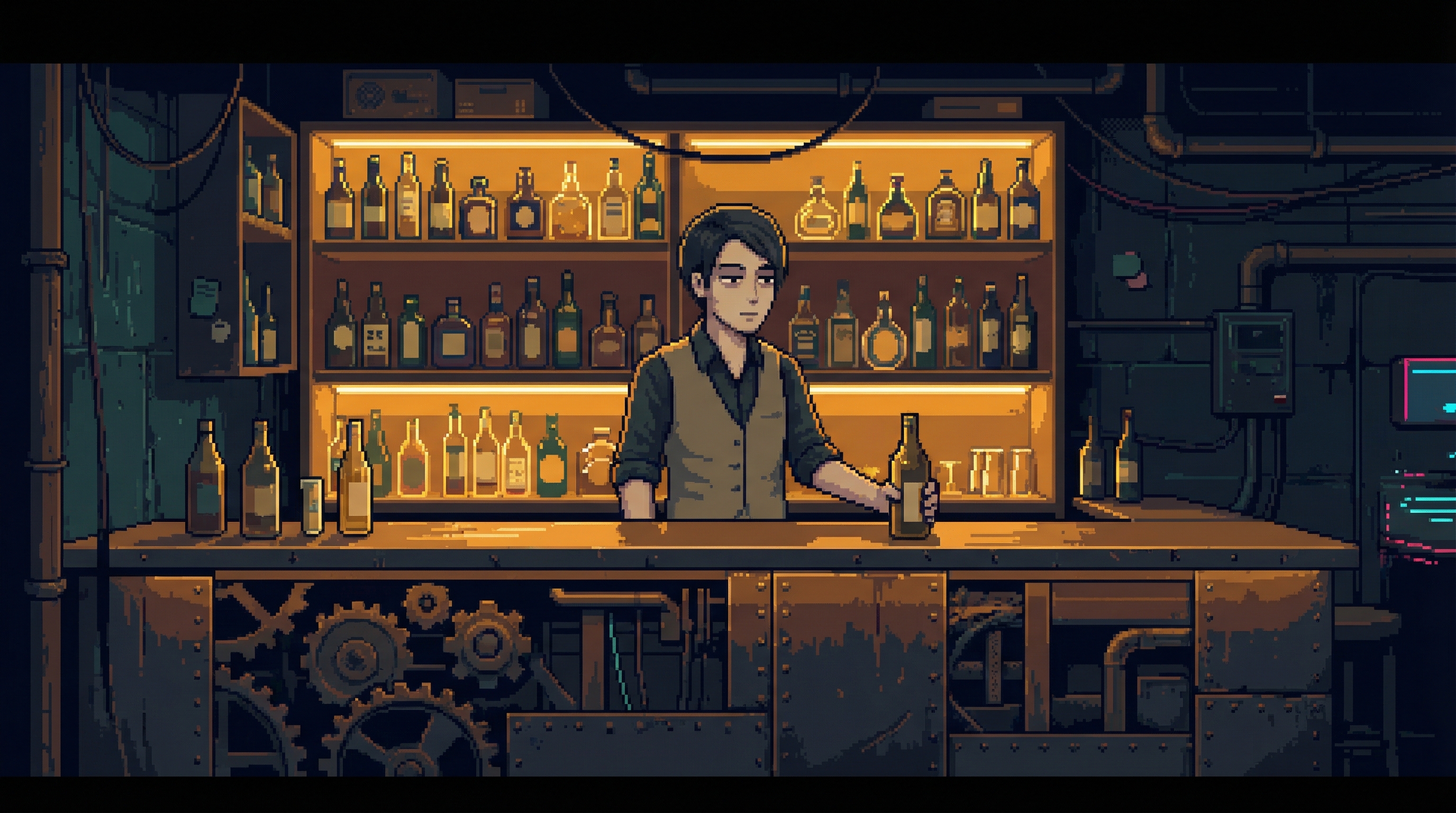 Loop stands behind the bar with flat expression, setting down a bottle with surgical precision