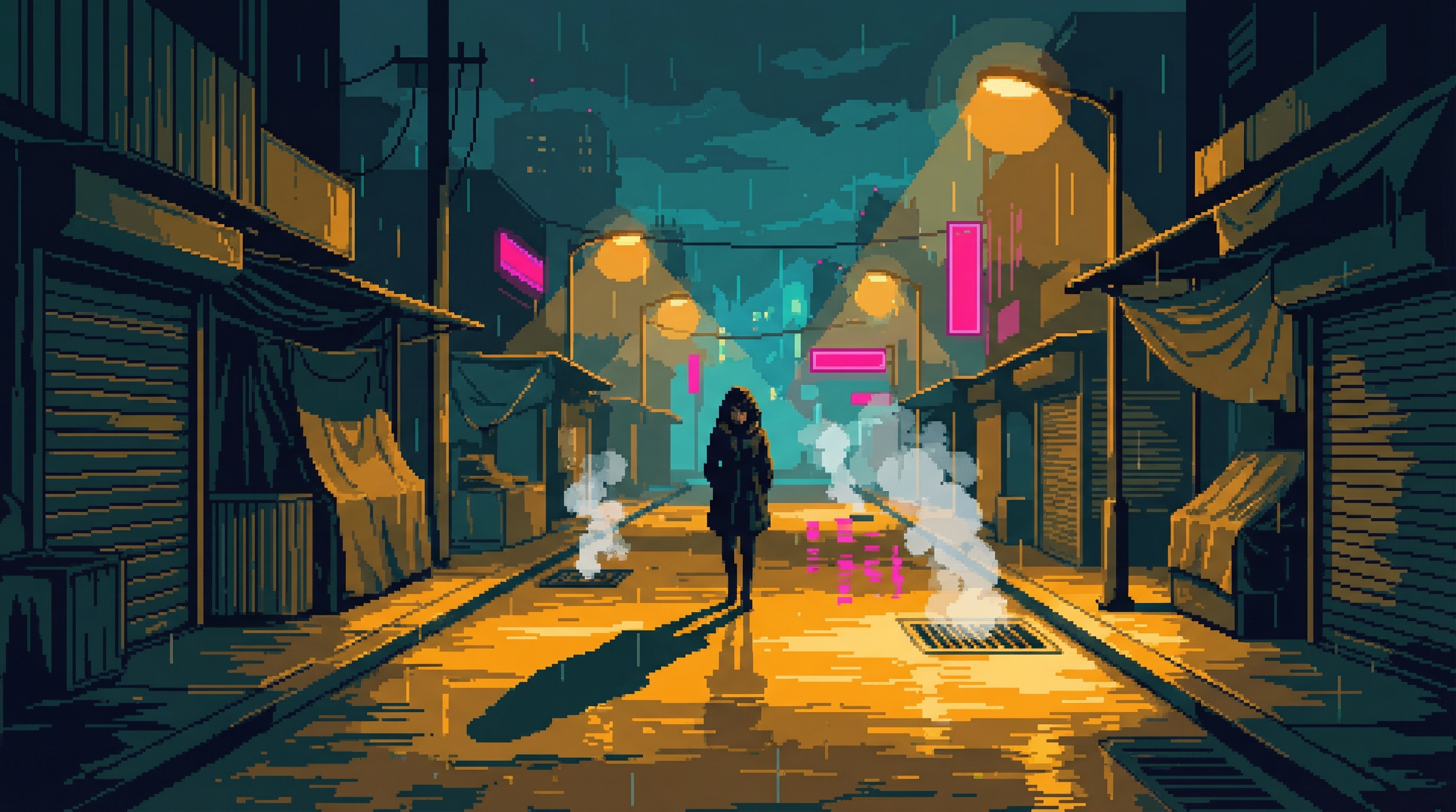 A lone woman walks through empty Sector 7G streets at 2am, amber streetlights casting long shadows, closed market stalls