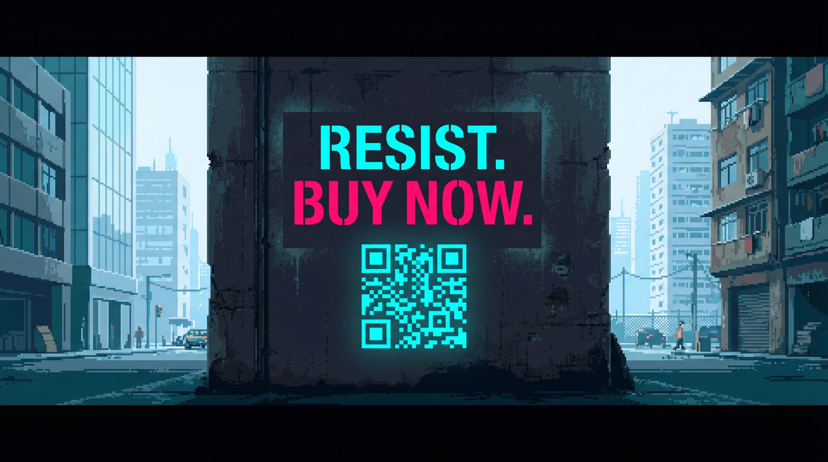 A clean professional stencil with crisp typography and QR code on a wall — the co-opted resistance, again