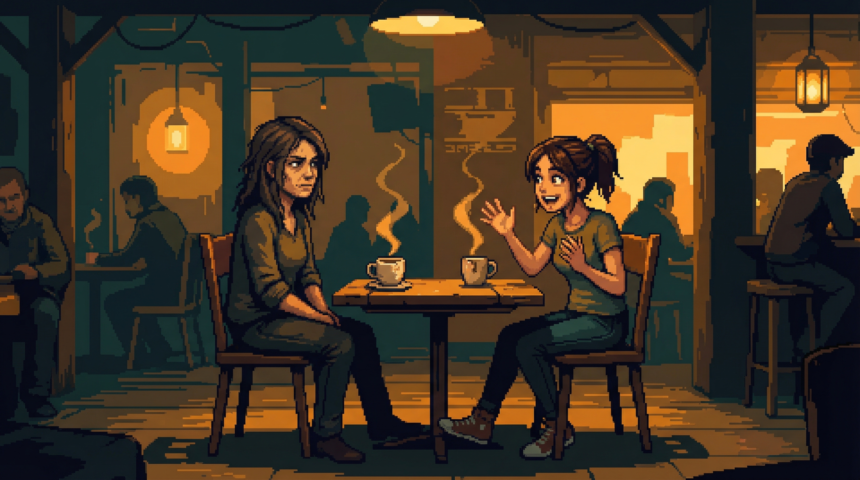 Two women at a cheap cafe — one guarded, one animated, talking with her hands over chipped coffee cups