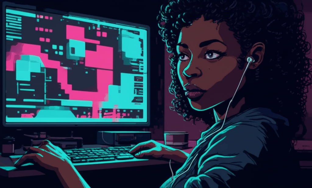 Mira Okonkwo at hour sixteen, face illuminated by screens showing cascading patterns that pulse with their own life