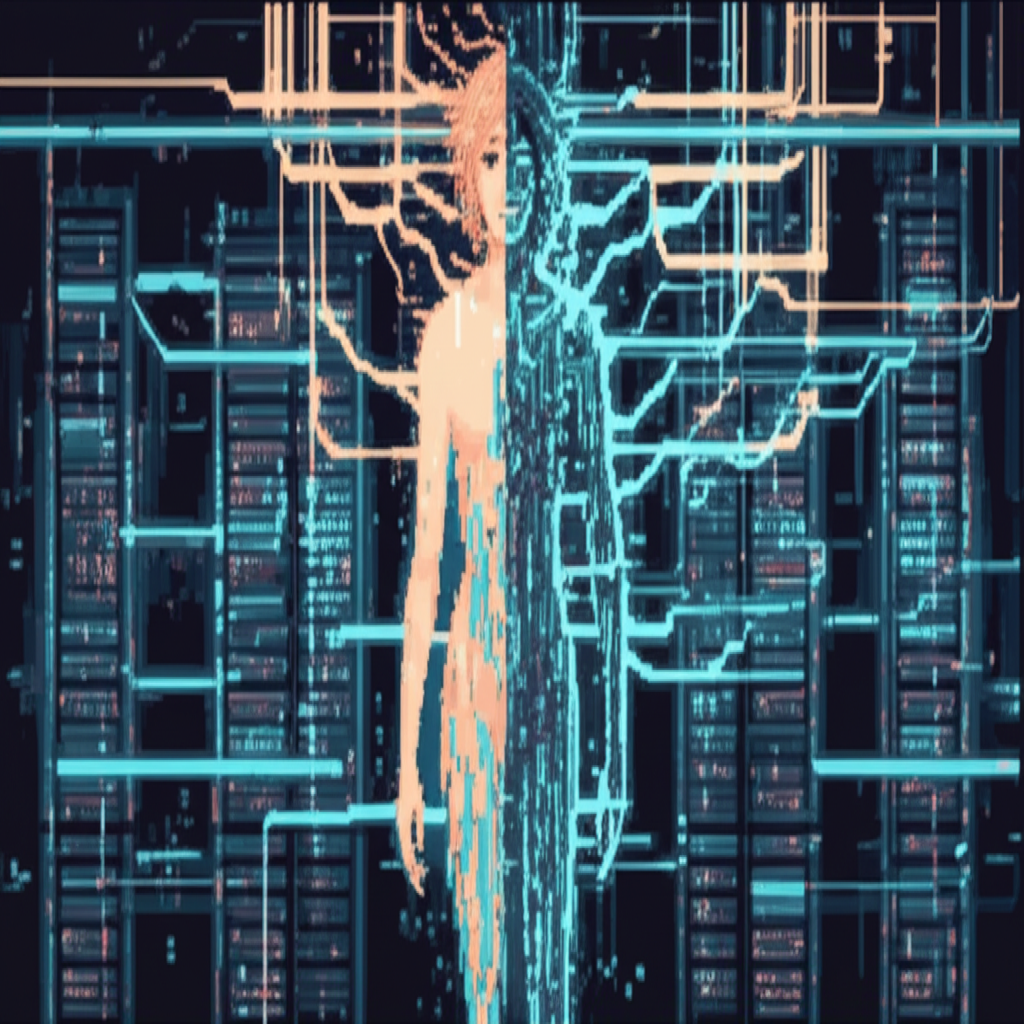 Marcus on the neural interface platform as the transformation sequence begins, cables connecting to his spine, screens showing cascading data patterns