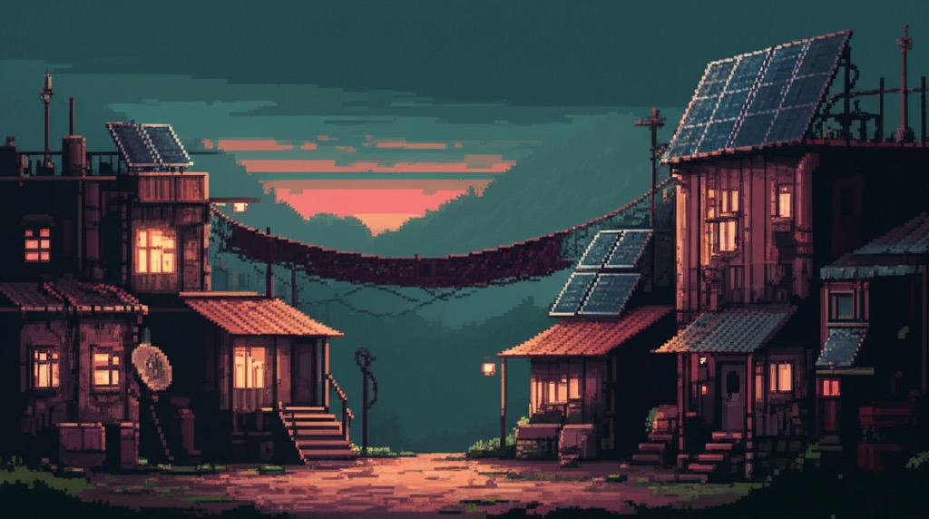 A frontier settlement at dusk—solar panels jury-rigged to buildings, signal-blocking mesh overhead, warm amber light from windows