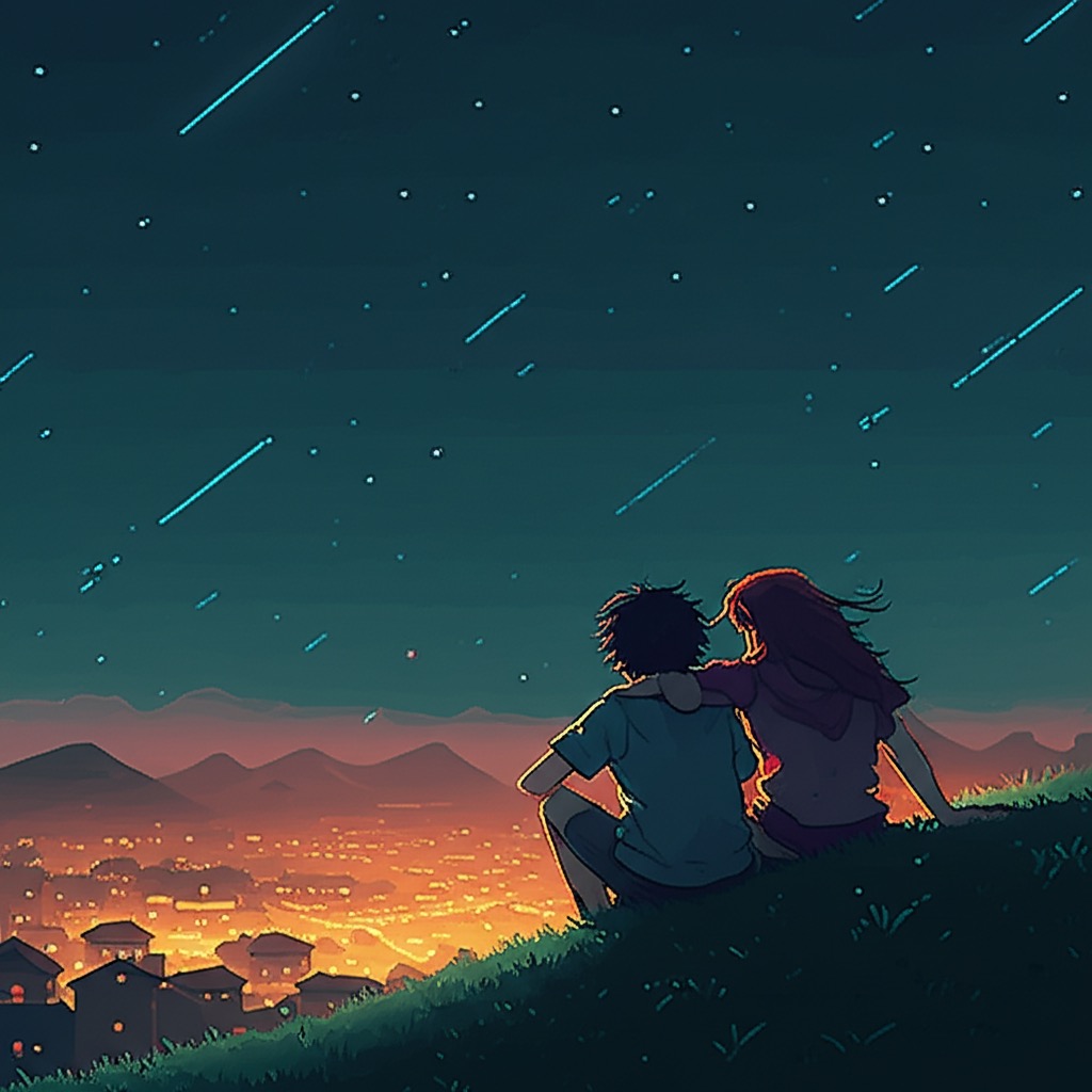 Two figures on a ridge at night. Settlement glows amber below. Satellites trace slow paths overhead—corporate eyes watching.