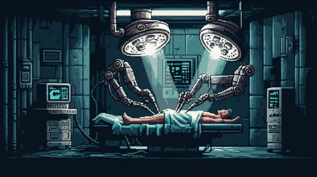 Black-market surgical suite. Chrome arms mounted on surgical rig extend toward Angel strapped to the table. His face is calm. The taboo being crossed.