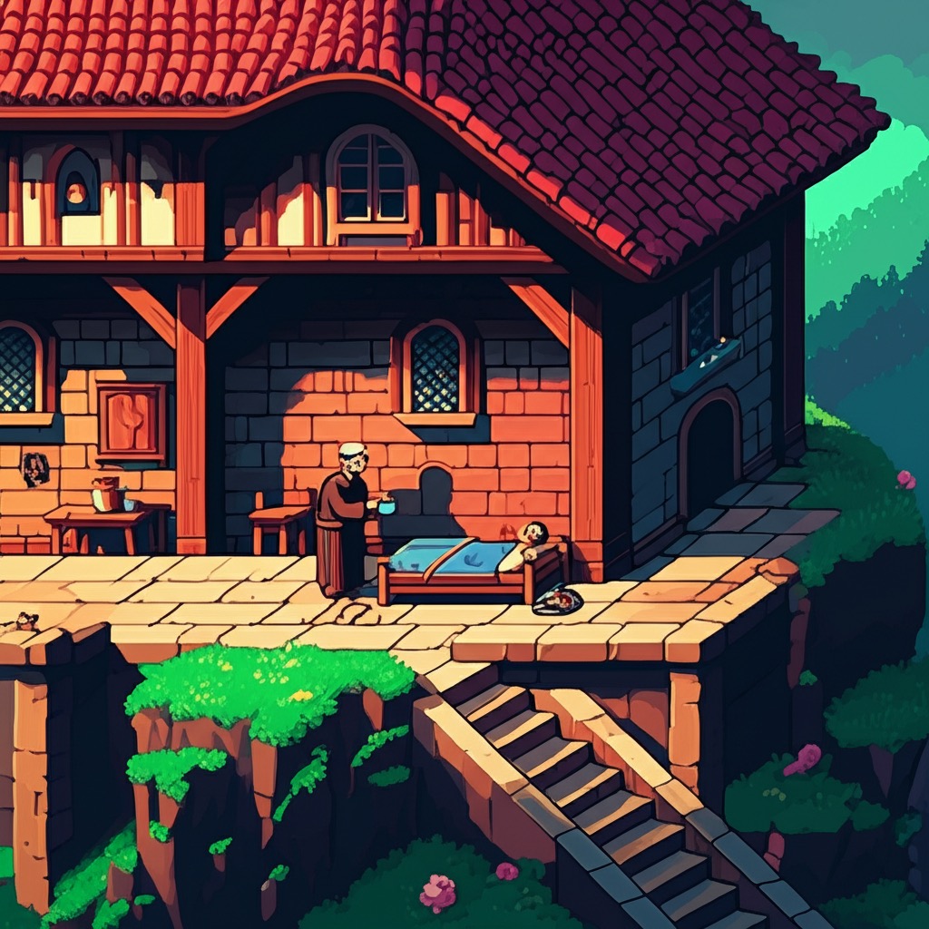 Mystery Court on The Mountain. Stone walls, wooden beams. Brother Gabriel brings water to Angel lying on a simple bed, arms ruined. A tabby cat curls against his side.