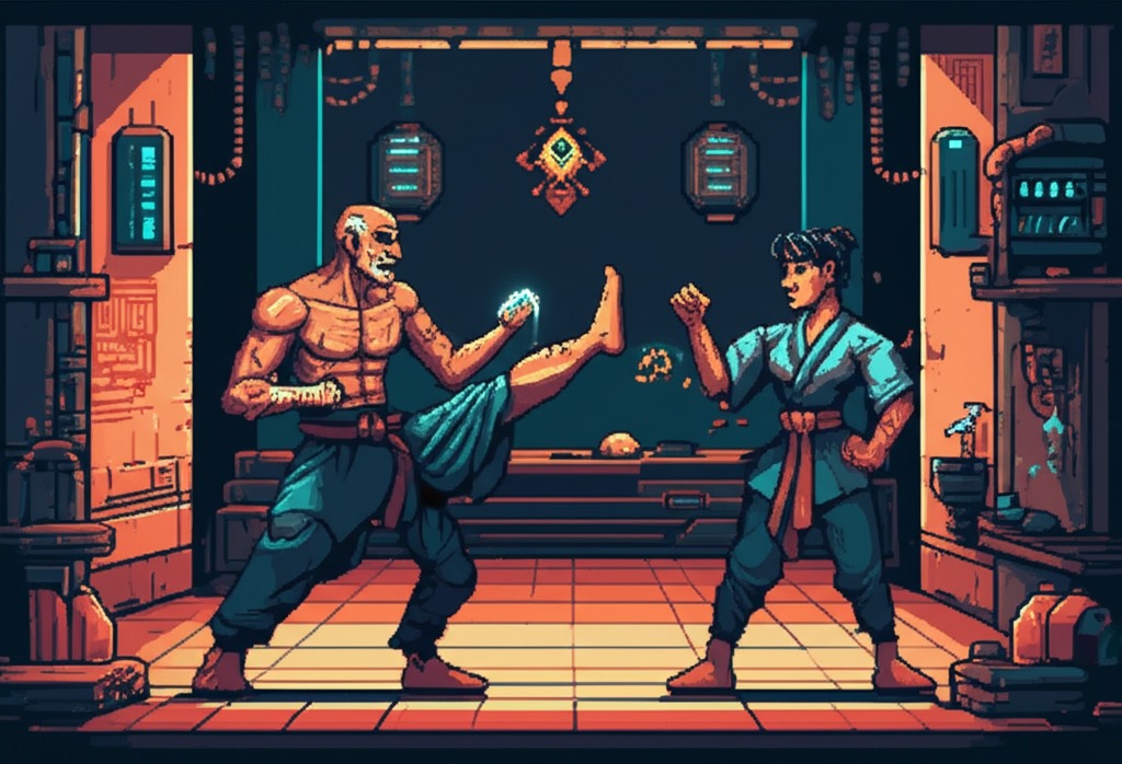 The Sanctuary training space. Angel—older, scarred, arms ending at elbows—demonstrates a technique to GG. She's watching his scars, not his movements. The pendant catches light from impossible sources.