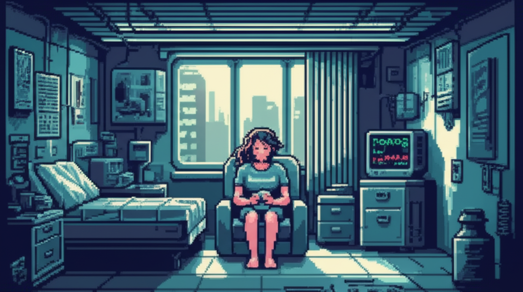 Mira in the Helix care facility, holding The Keeper's river stone, her lips forming the word 'Almost'