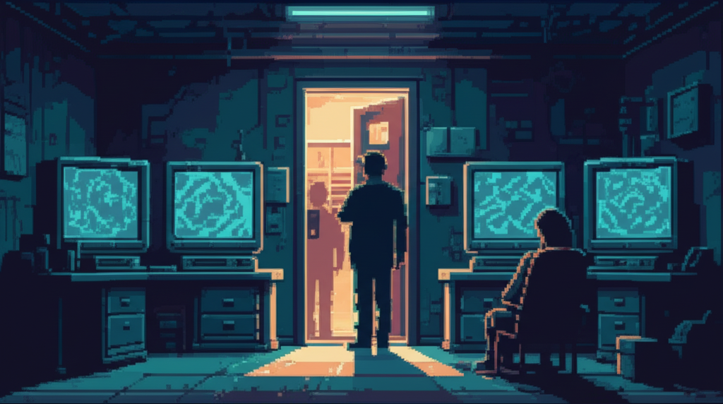 Dr. Chen entering the storage unit - Mira sitting in her chair, eyes open but empty, six monitors displaying fractal loops