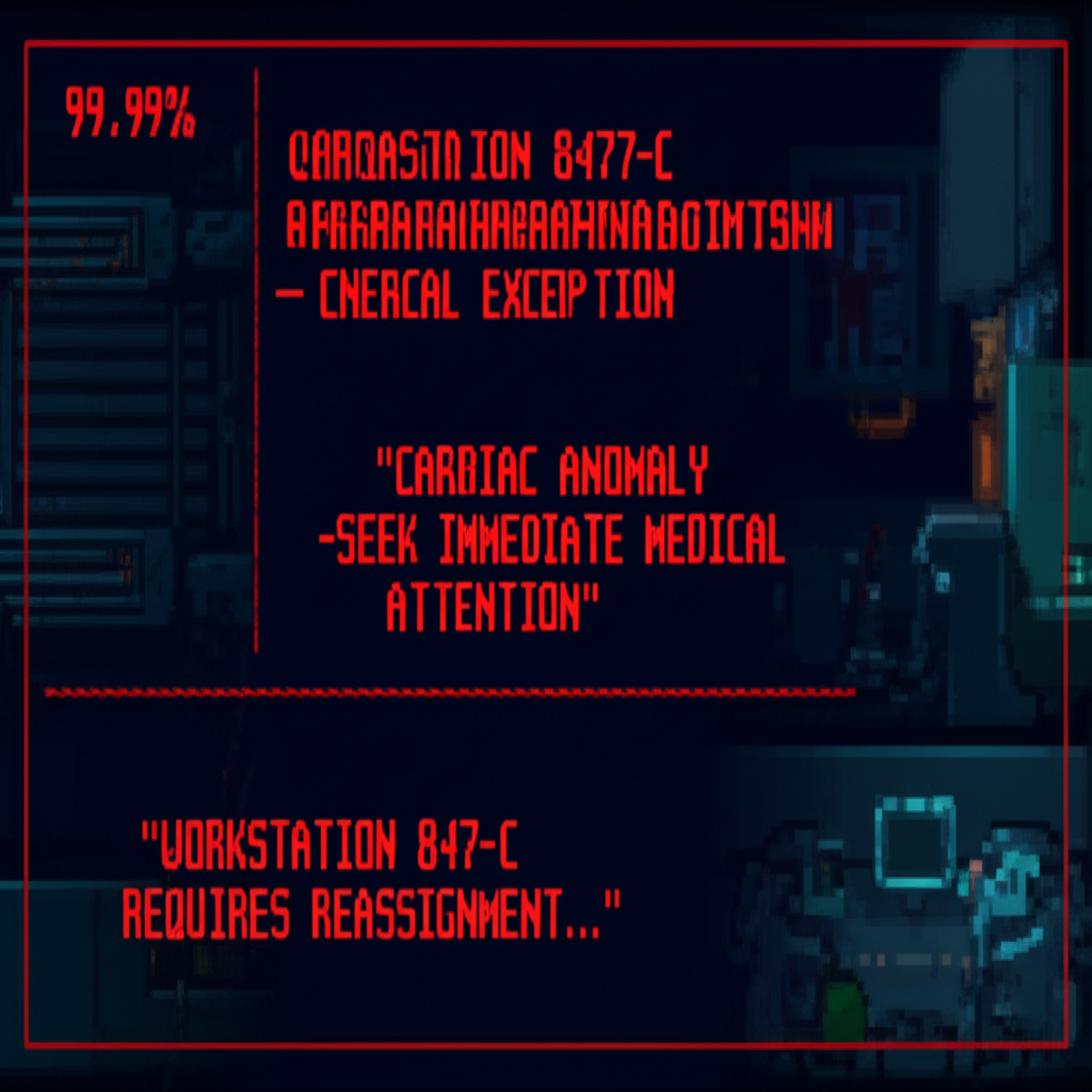 Solomon falling, his hand still reaching toward the workstation. His productivity score displays 99.997%. The screen behind him shows WORKSTATION REQUIRES REASSIGNMENT.