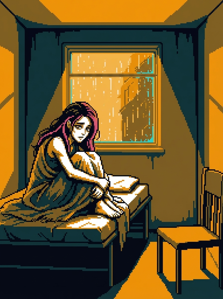 GG curled on a sparse cot, wrapped in a threadbare blanket, looking pale and unwell in the early morning light