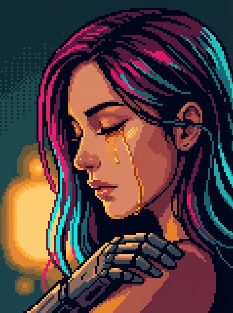 Close-up of GG's face in profile, eyes closed, a single tear track visible on her cheek, warm light catching the tear