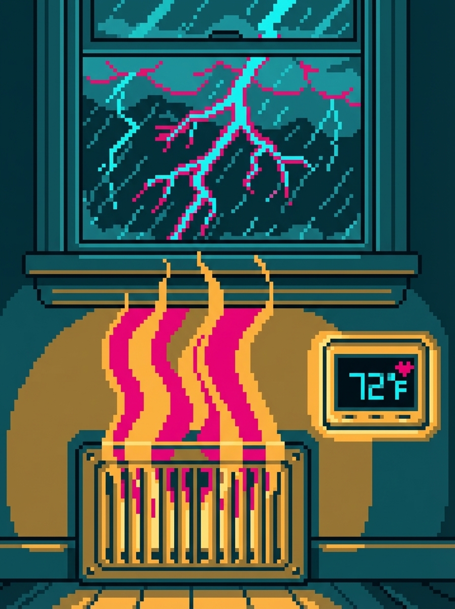 Close-up of a heating vent with warm air flowing, a small heart flickering on the thermostat display