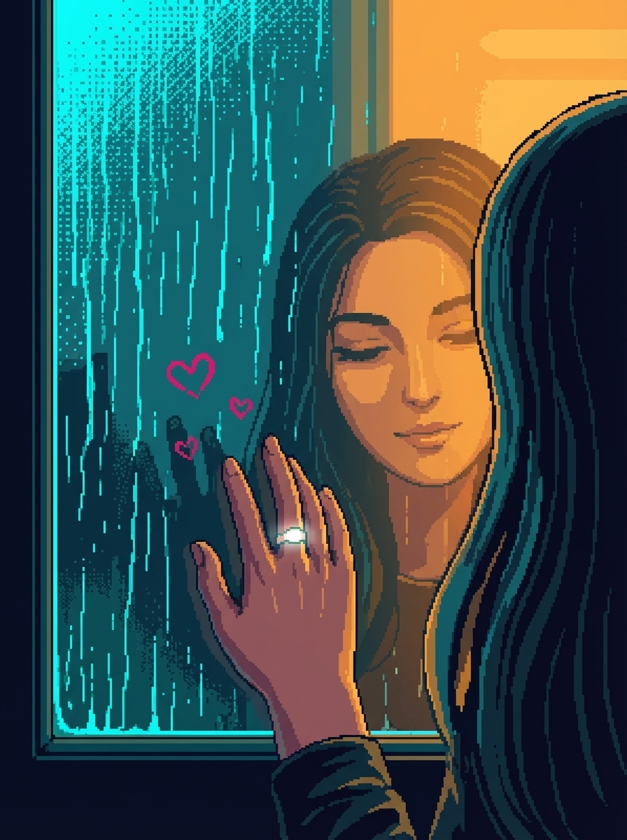 GG's hand reaching toward the window, hearts forming in the condensation from something on the other side